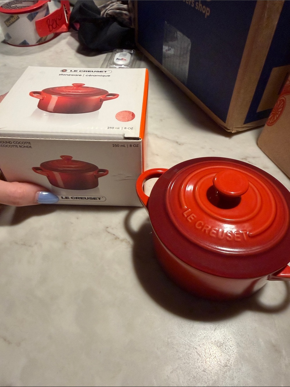 Two Le Creuset Red Mini Round Stoneware Cocotte